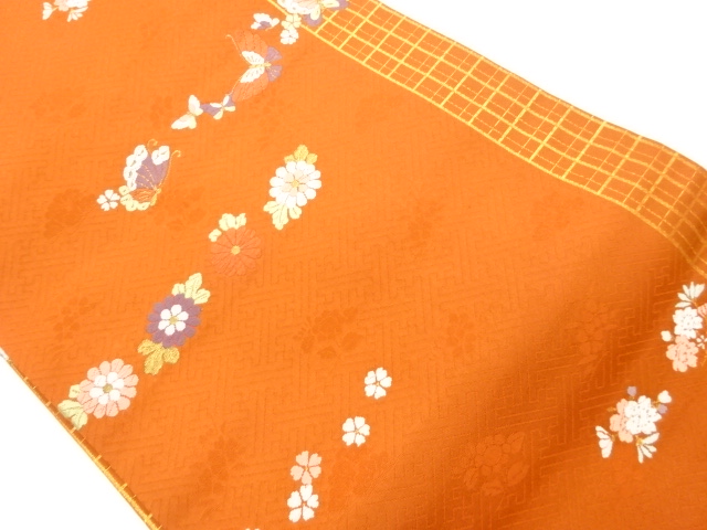 アンティーク　鶴模様　格子　金糸　丸帯　着物　023a p アンティーク 鶴模様 格子 金糸 丸帯 着物 023a p アンティーク